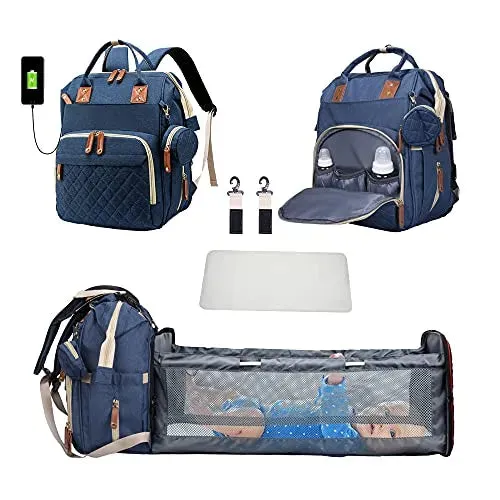 3-in-1 Diaper Bag Backpack with Foldable Bed and USB Charger