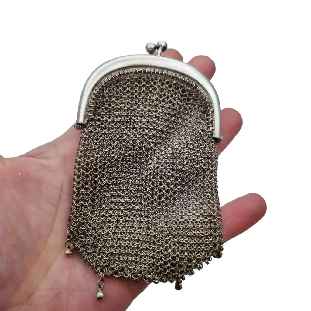 Art nouveau antique silver mesh bag, collecting.