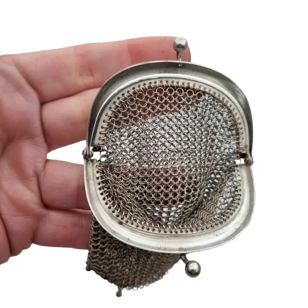 Art nouveau antique silver mesh bag, collecting.