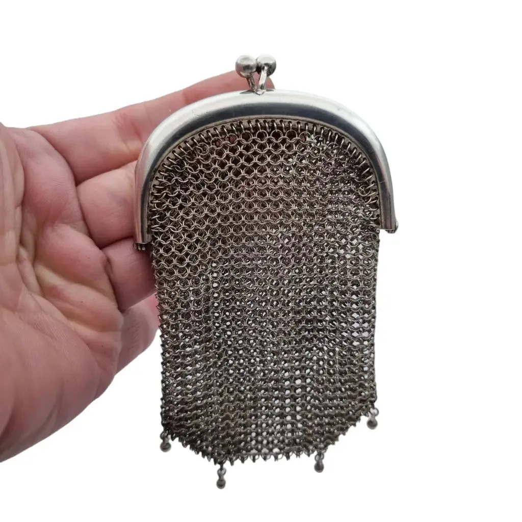 Art nouveau antique silver mesh bag, collecting.