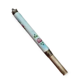 Art Nouveau Silver Ballpoint Pen Pendant in Blue Guilloché Enamel with Flowers, 1920.