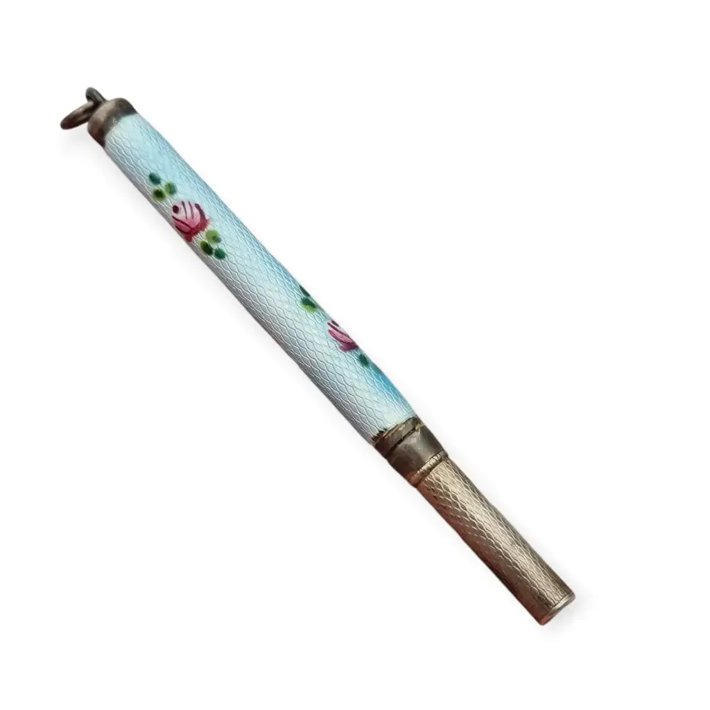Art Nouveau Silver Ballpoint Pen Pendant in Blue Guilloché Enamel with Flowers, 1920.