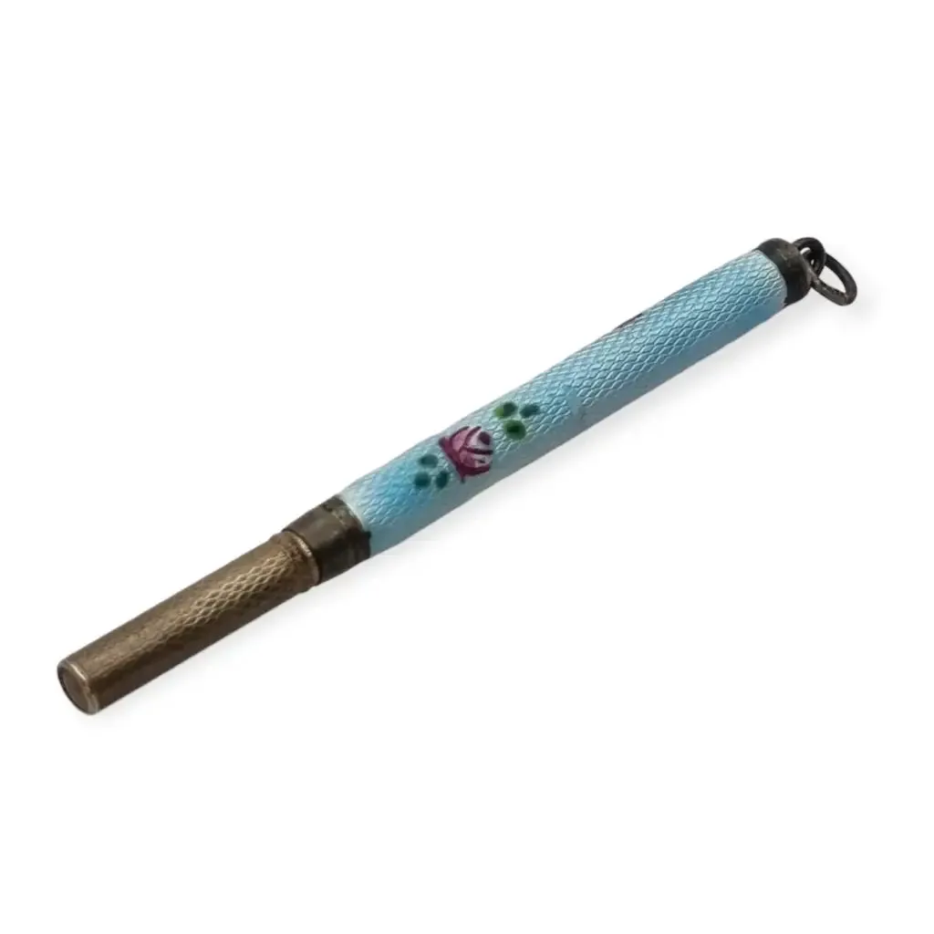 Art Nouveau Silver Ballpoint Pen Pendant in Blue Guilloché Enamel with Flowers, 1920.