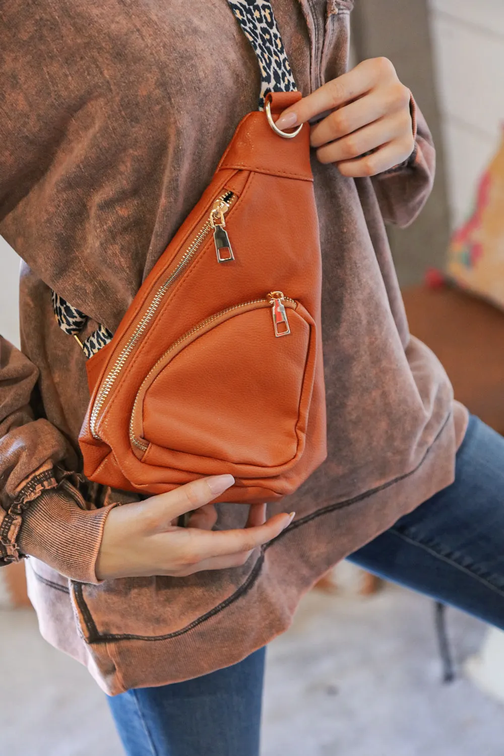 Camel Vegan Leather Sling Leopard Strap Crossbody