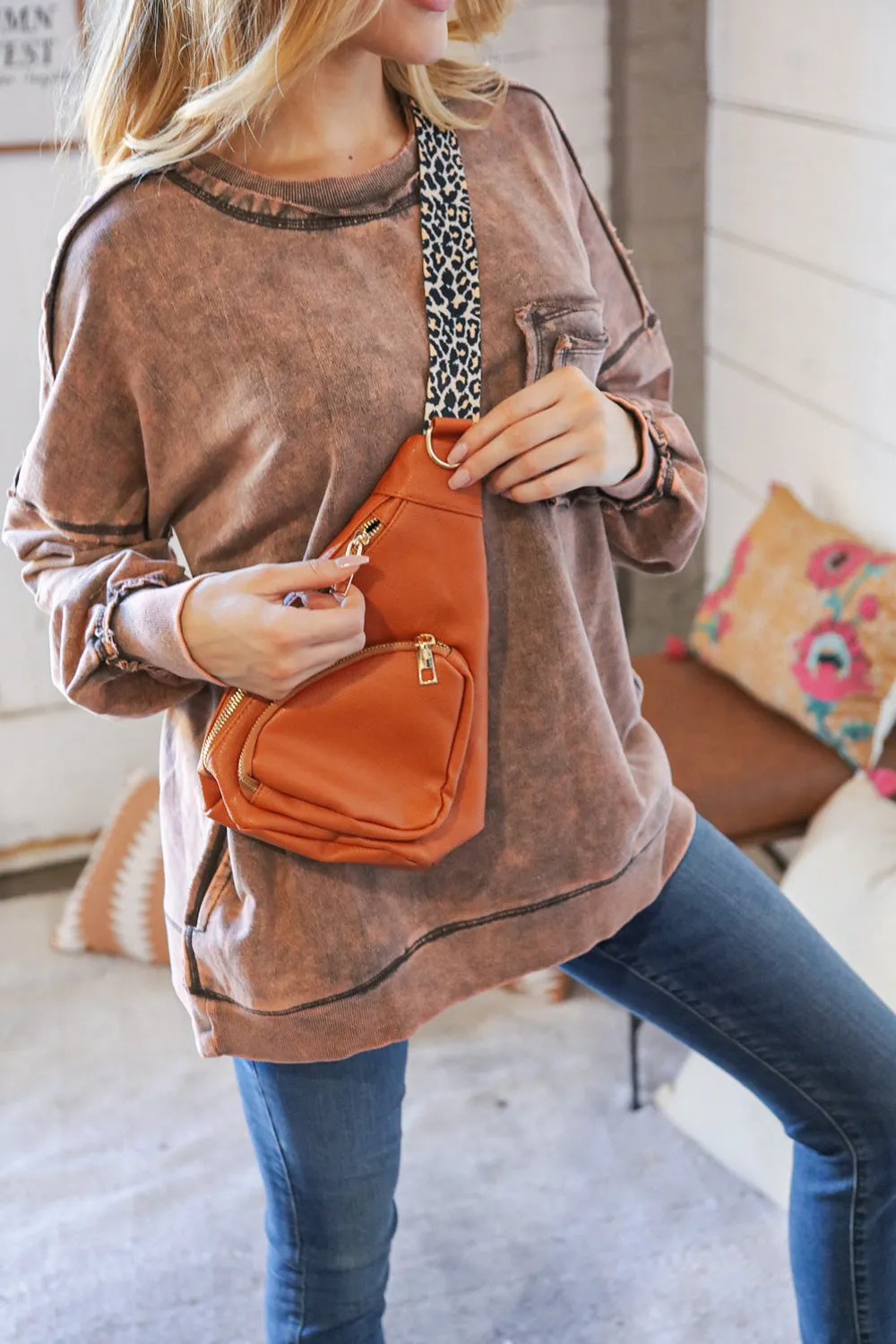 Camel Vegan Leather Sling Leopard Strap Crossbody