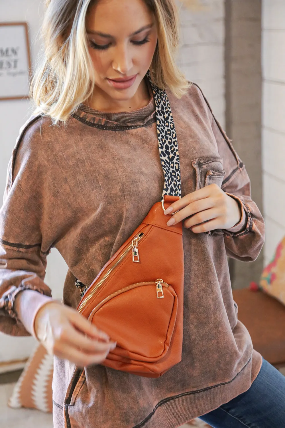 Camel Vegan Leather Sling Leopard Strap Crossbody