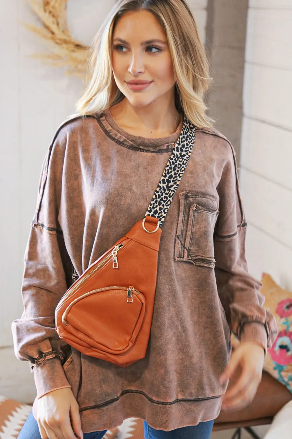 Camel Vegan Leather Sling Leopard Strap Crossbody