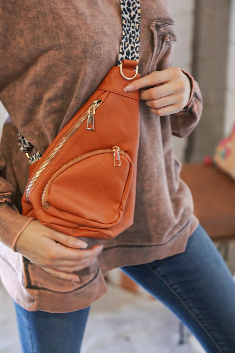 Camel Vegan Leather Sling Leopard Strap Crossbody