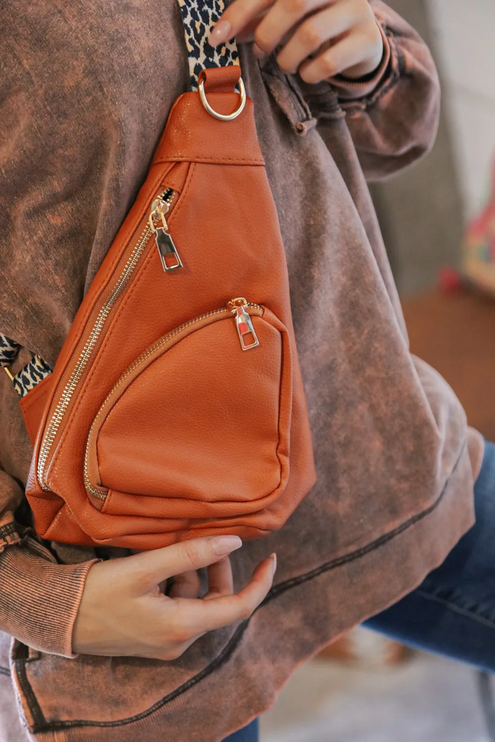 Camel Vegan Leather Sling Leopard Strap Crossbody