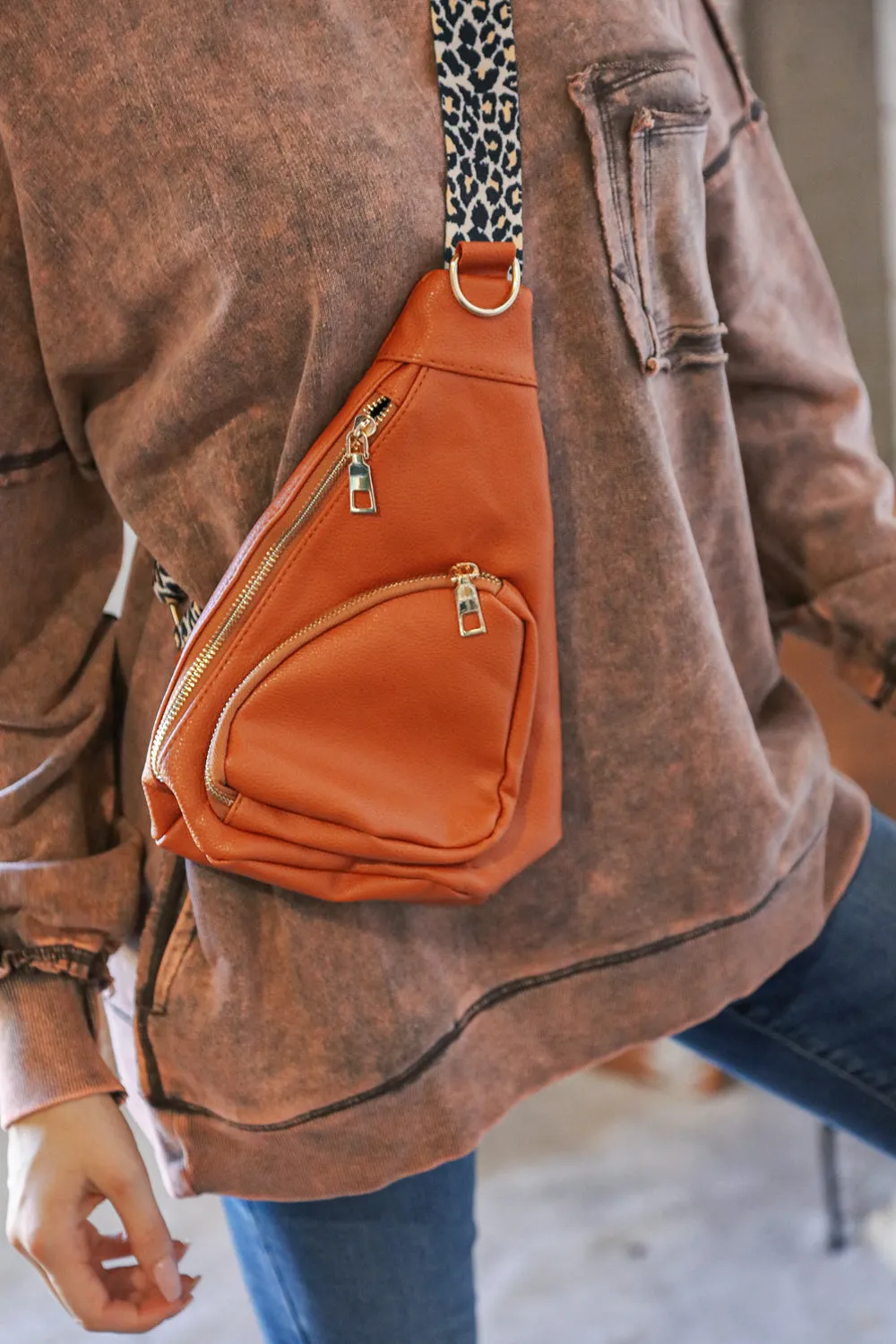 Camel Vegan Leather Sling Leopard Strap Crossbody