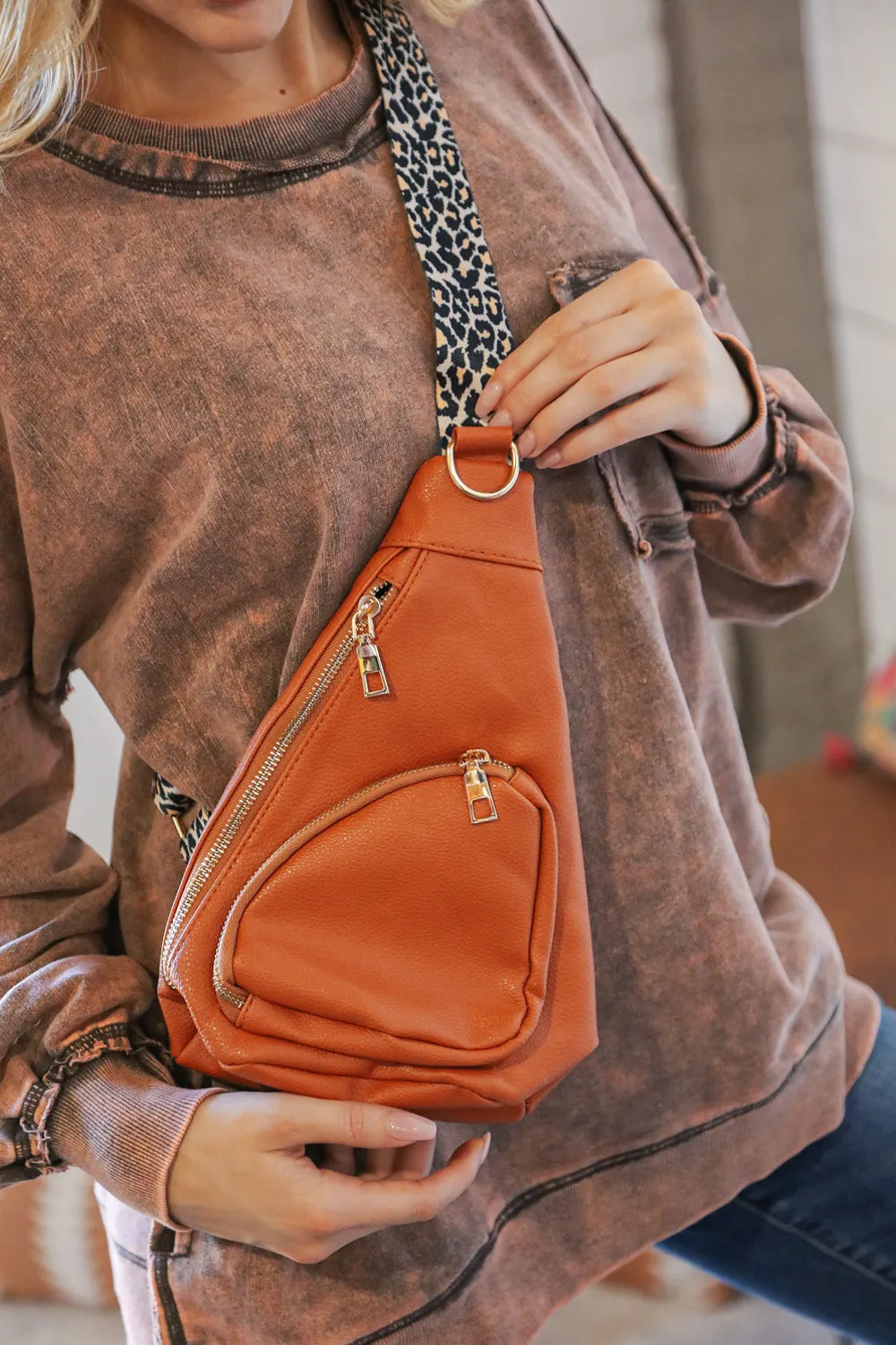 Camel Vegan Leather Sling Leopard Strap Crossbody