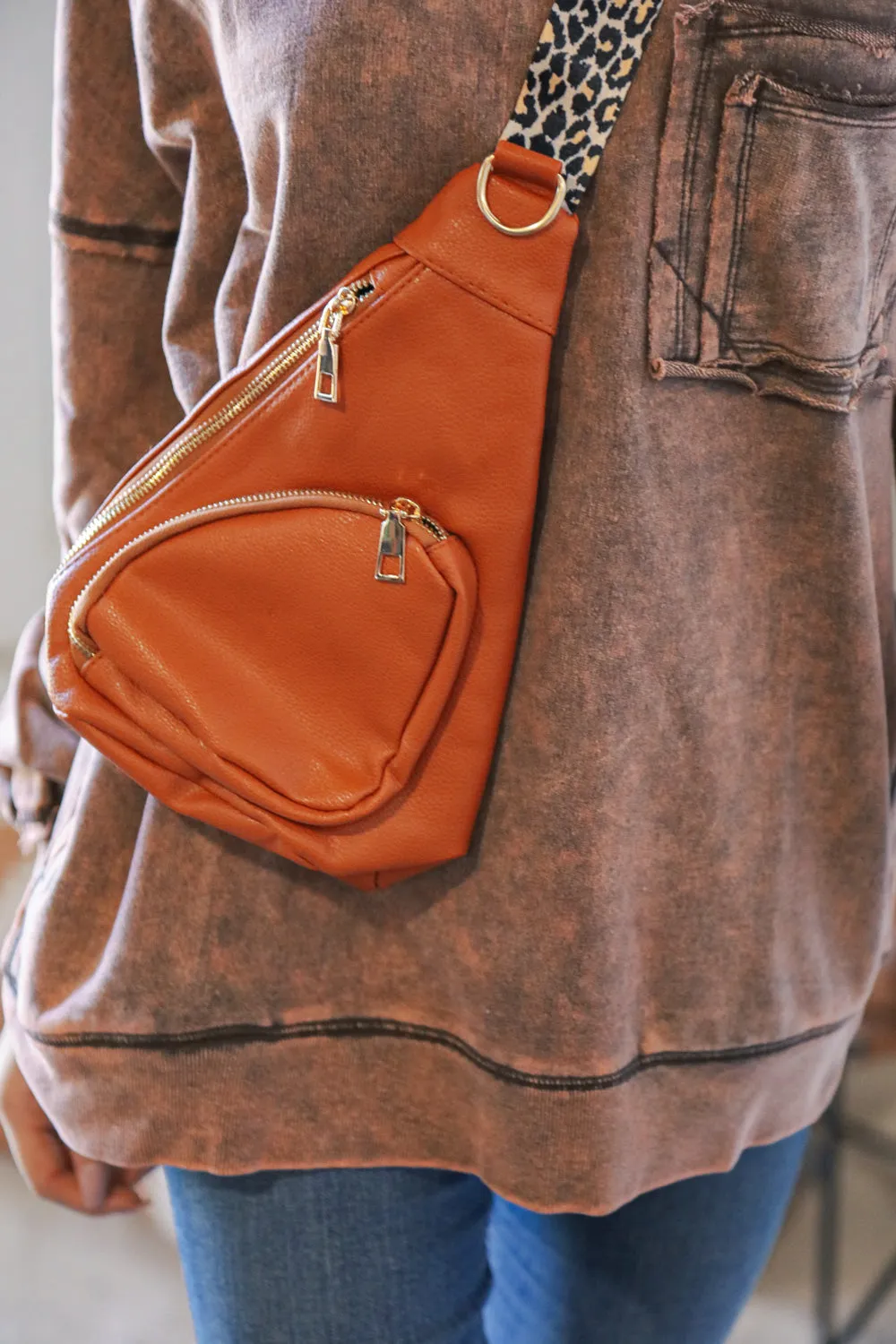 Camel Vegan Leather Sling Leopard Strap Crossbody