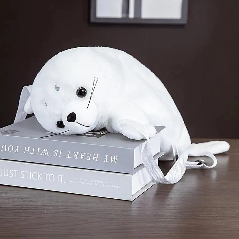 Charming White Seal Plush School Backpack - Cute & Spacious for Kids