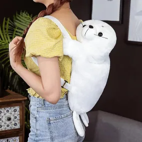 Charming White Seal Plush School Backpack - Cute & Spacious for Kids
