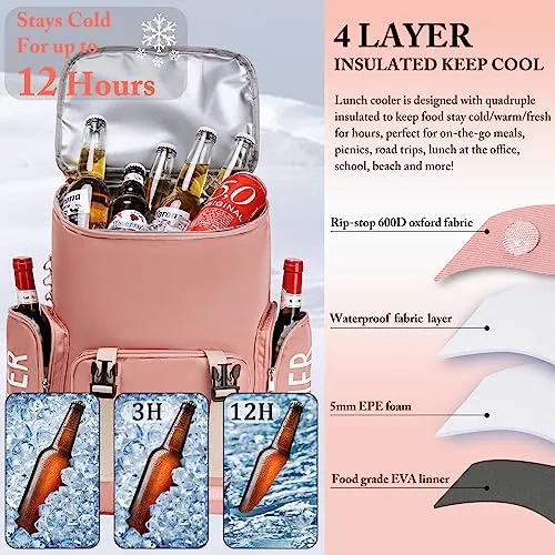 Cooler Backpack Pink- Insulated Hiking Backpack for Women Men Insulated Leak-Proof Waterproof Soft Cooler Bag Cooler Bookbag Thermal Lunch Backpack for Beach, Beverage, Travel, Camping, Picnic, Car