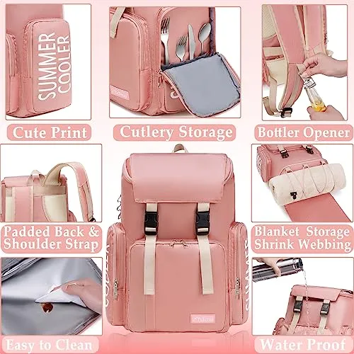 Cooler Backpack Pink- Insulated Hiking Backpack for Women Men Insulated Leak-Proof Waterproof Soft Cooler Bag Cooler Bookbag Thermal Lunch Backpack for Beach, Beverage, Travel, Camping, Picnic, Car