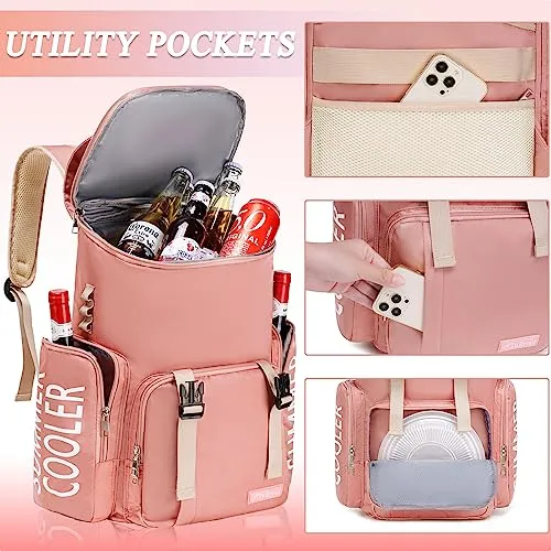 Cooler Backpack Pink- Insulated Hiking Backpack for Women Men Insulated Leak-Proof Waterproof Soft Cooler Bag Cooler Bookbag Thermal Lunch Backpack for Beach, Beverage, Travel, Camping, Picnic, Car