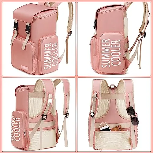 Cooler Backpack Pink- Insulated Hiking Backpack for Women Men Insulated Leak-Proof Waterproof Soft Cooler Bag Cooler Bookbag Thermal Lunch Backpack for Beach, Beverage, Travel, Camping, Picnic, Car