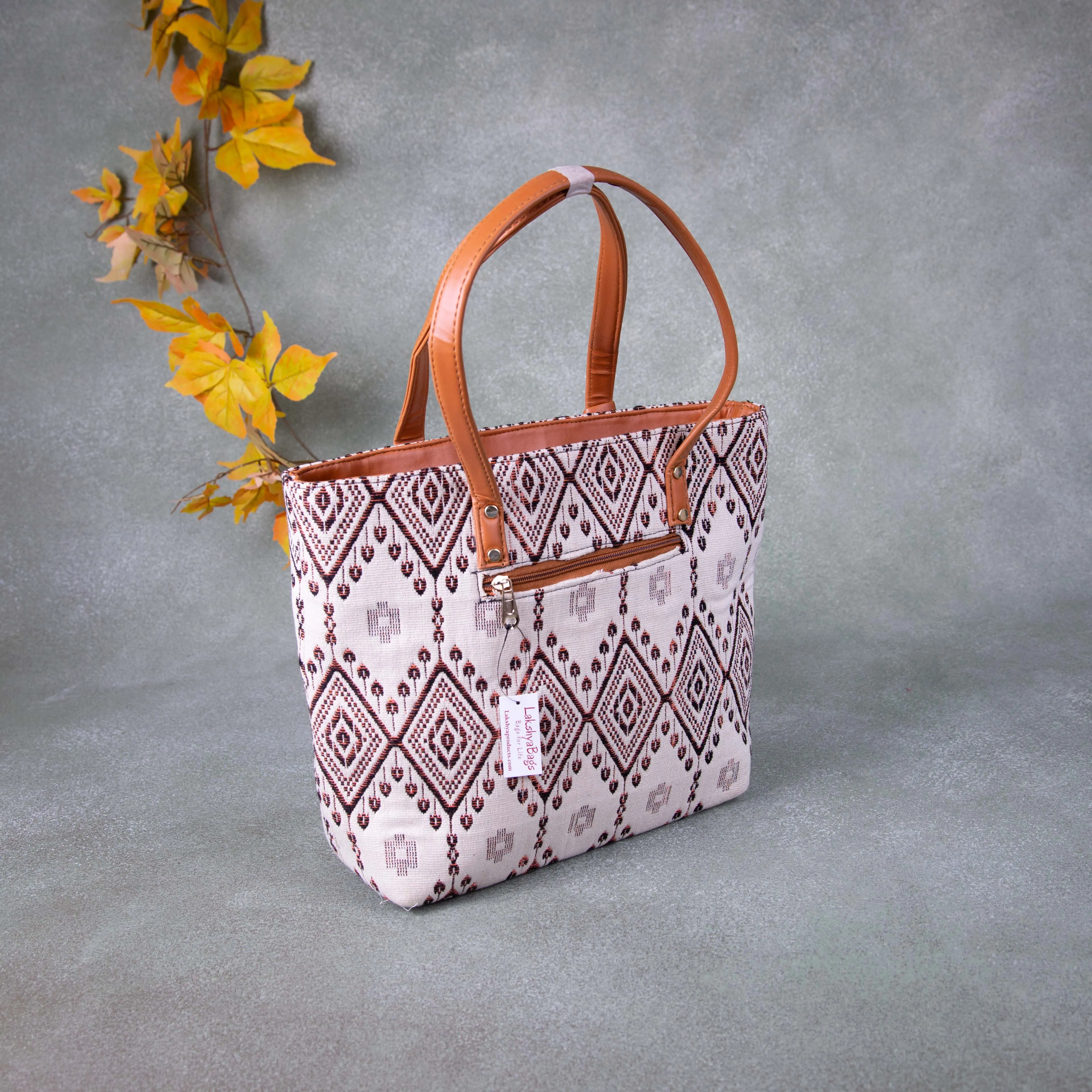 Double Zippered Tote White with Brown Prints.