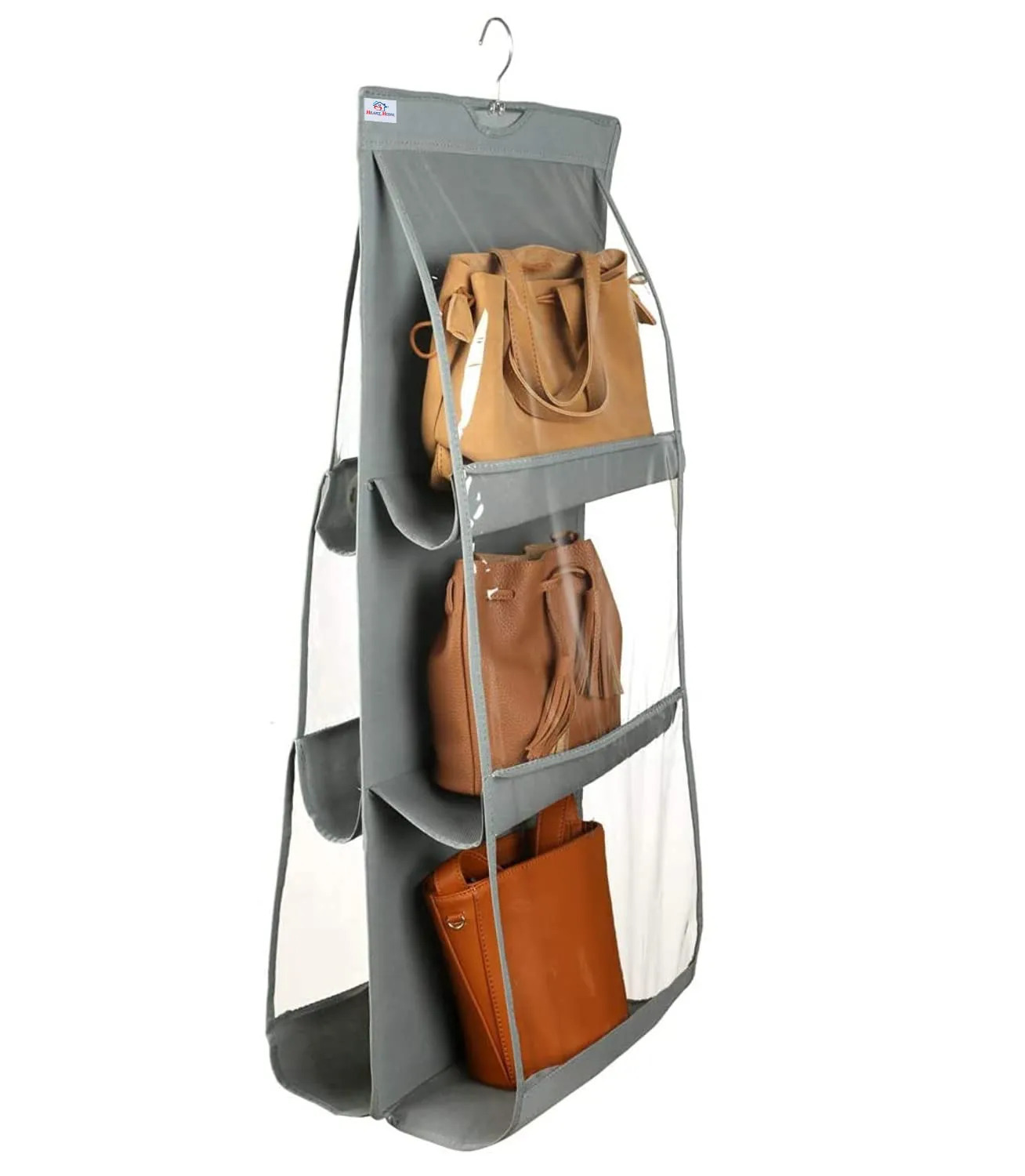 Heart Home Hanging Handbag Organizer With 6 Large Compartments & Hanger, Pack of 2 (Grey)