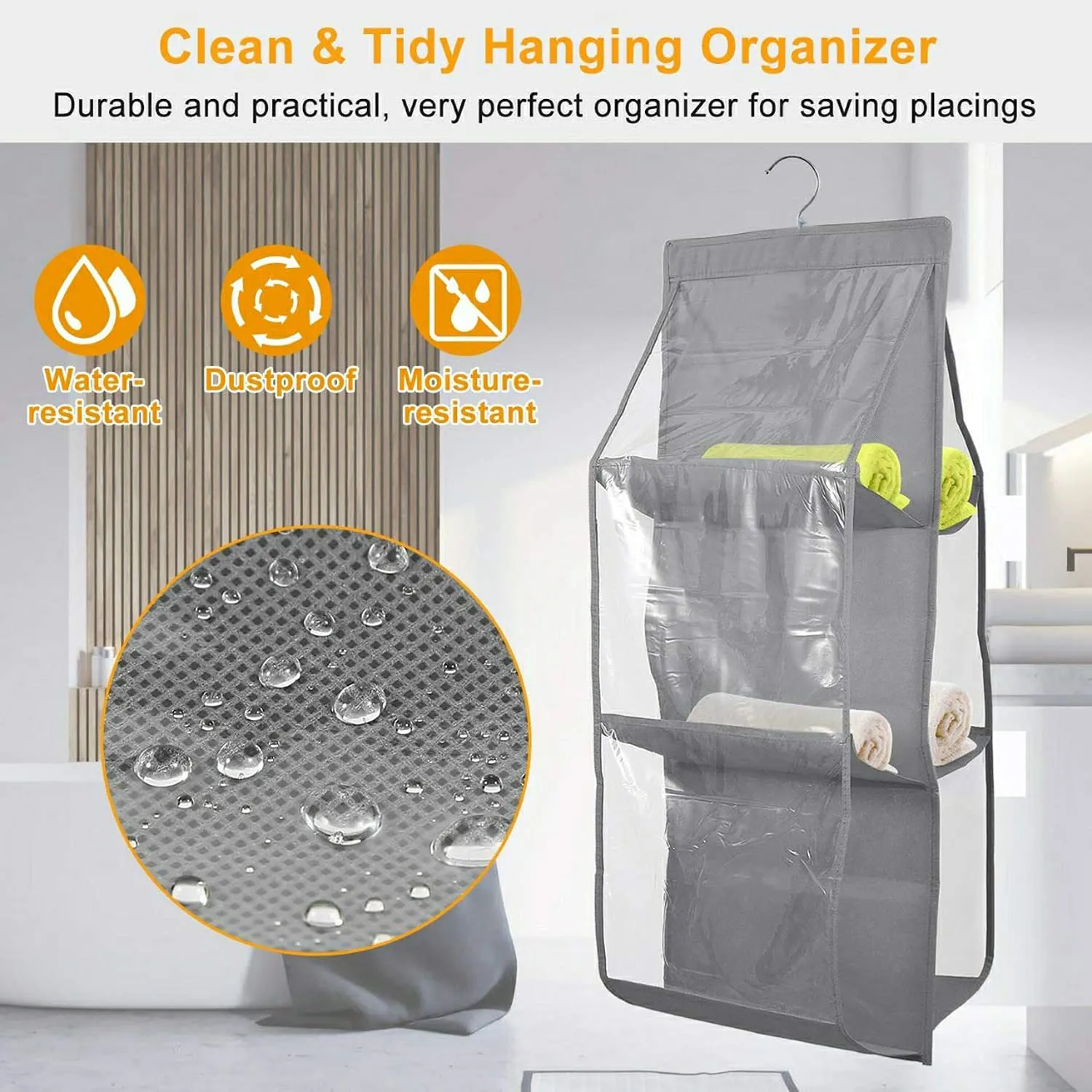 Heart Home Hanging Handbag Organizer With 6 Large Compartments & Hanger, Pack of 2 (Grey)