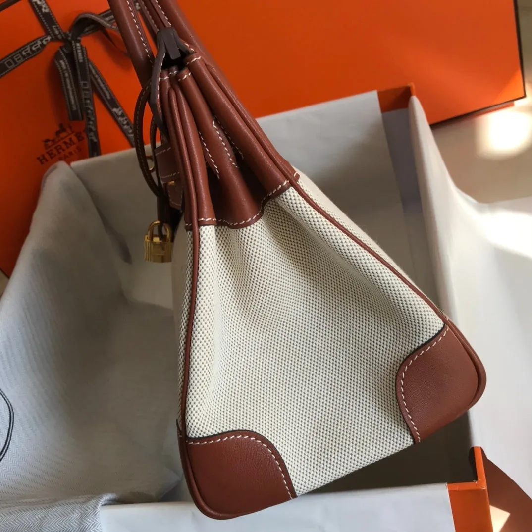 HM Birkin Bag Toile and Brown Barenia with Gold Hardware For Women, Handbags, Shoulder Bags 30cm/12in
