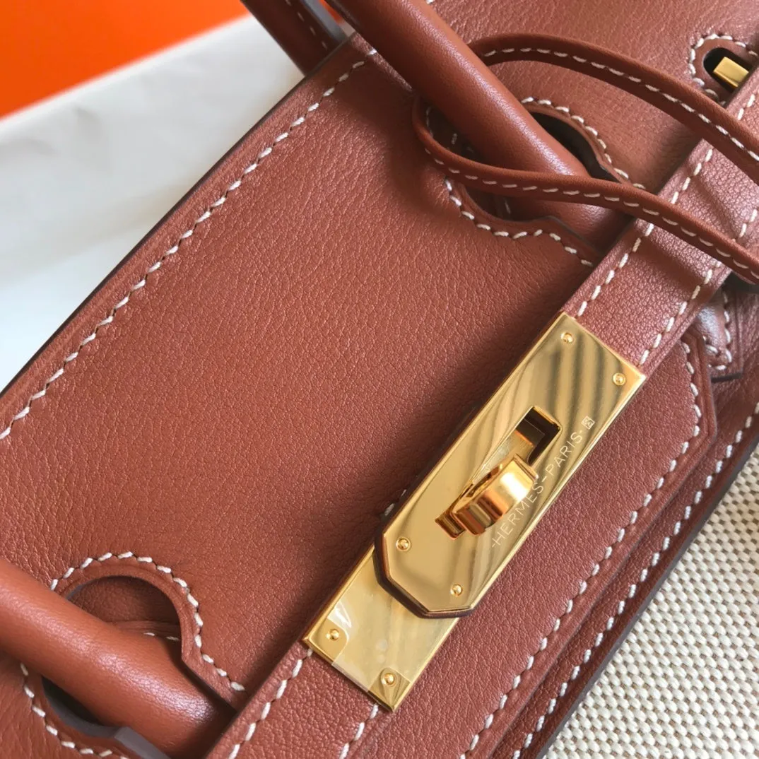 HM Birkin Bag Toile and Brown Barenia with Gold Hardware For Women, Handbags, Shoulder Bags 30cm/12in