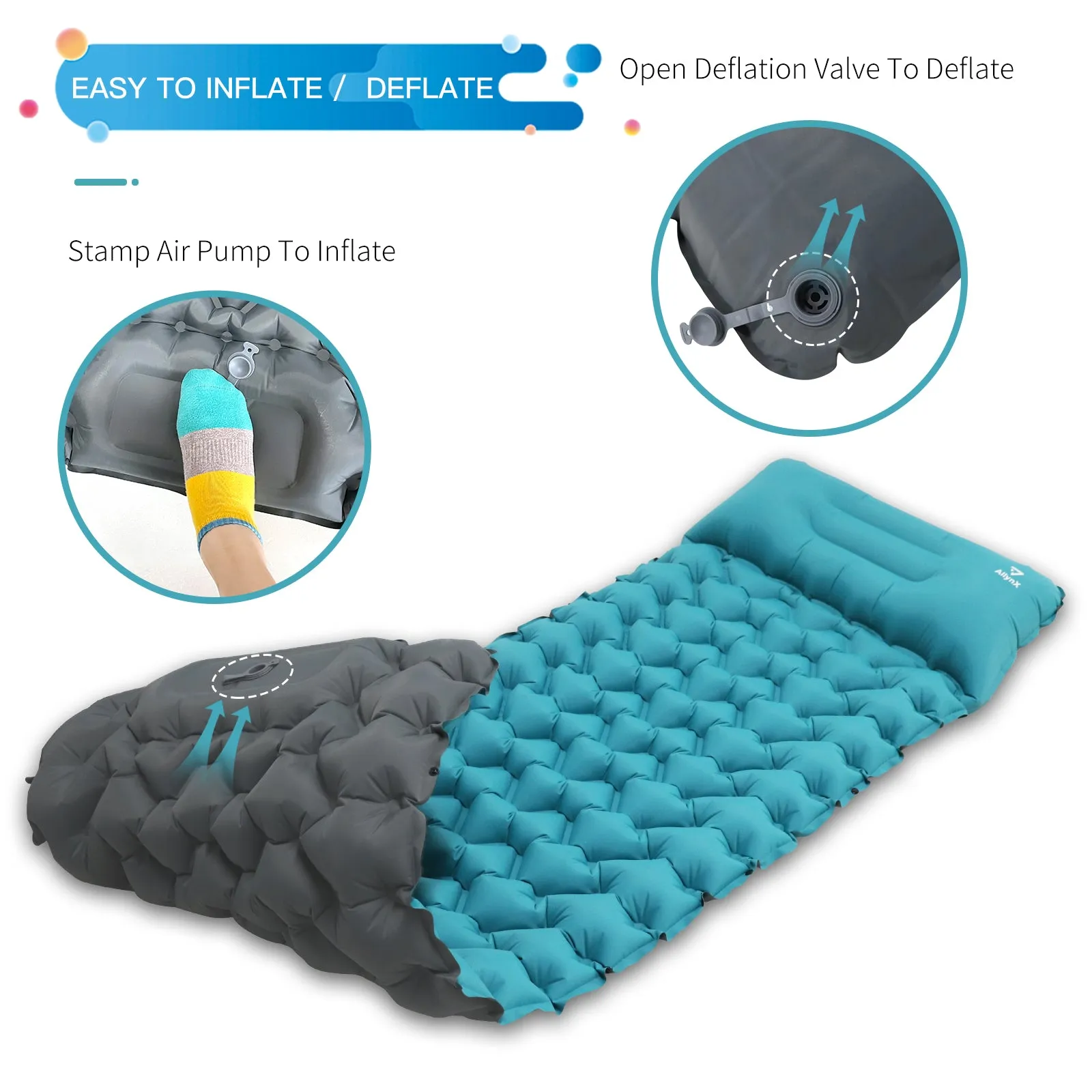 Inflating Sleeping Pad with Built-in Pump Blue/Grey