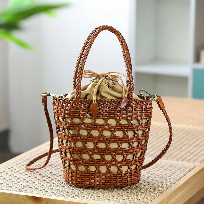 Ladies Woven Leather Shoulder Bucket Bag Small Handbags For Women