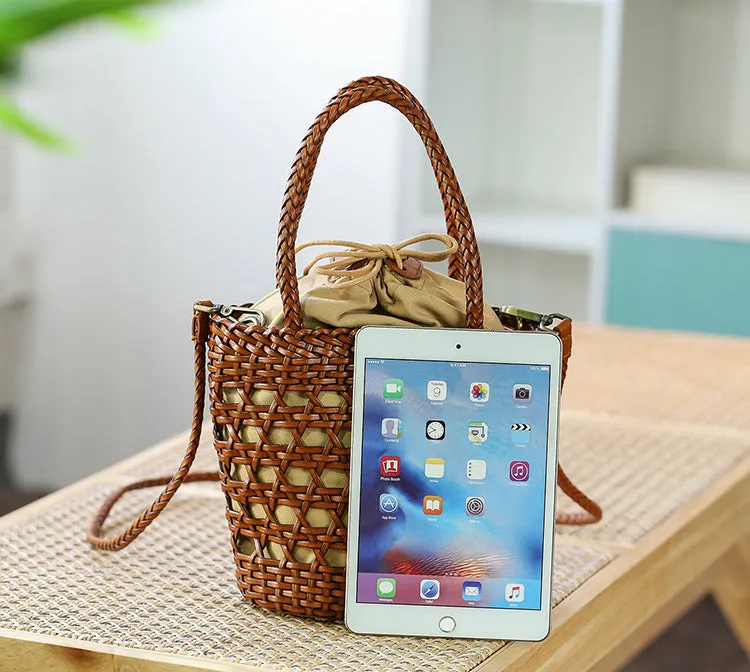 Ladies Woven Leather Shoulder Bucket Bag Small Handbags For Women
