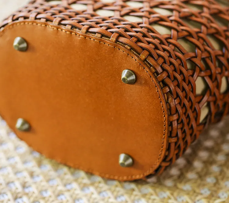 Ladies Woven Leather Shoulder Bucket Bag Small Handbags For Women