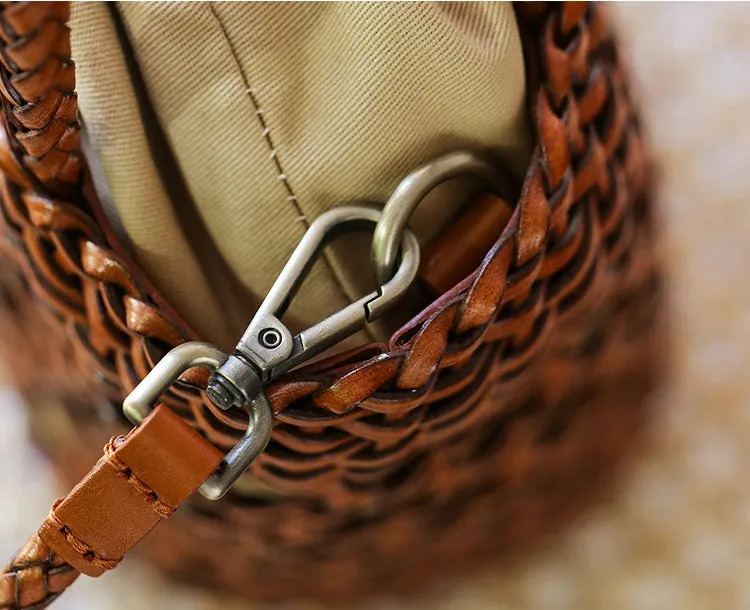 Ladies Woven Leather Shoulder Bucket Bag Small Handbags For Women