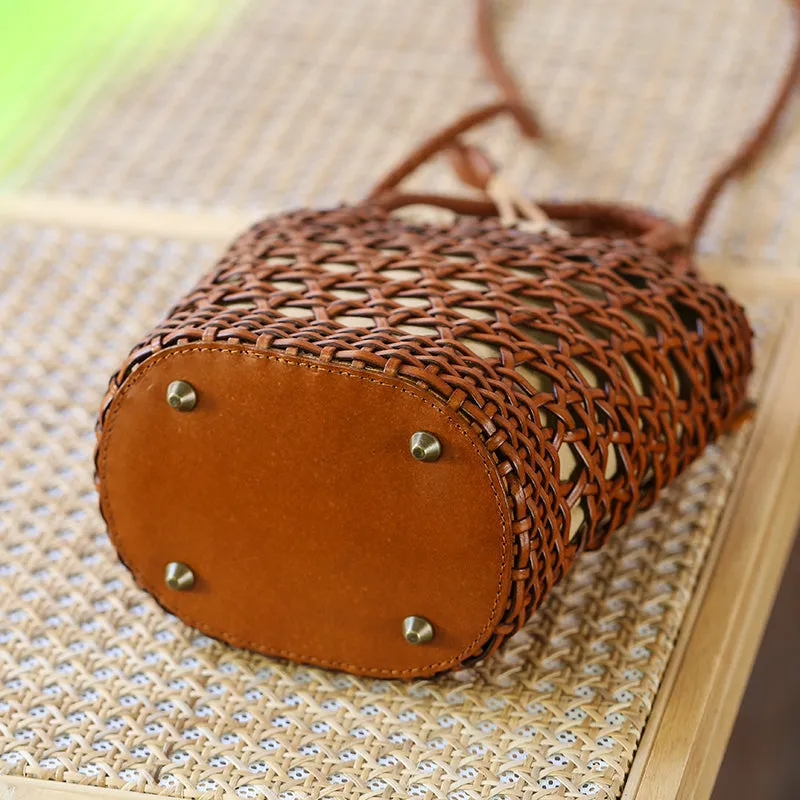 Ladies Woven Leather Shoulder Bucket Bag Small Handbags For Women