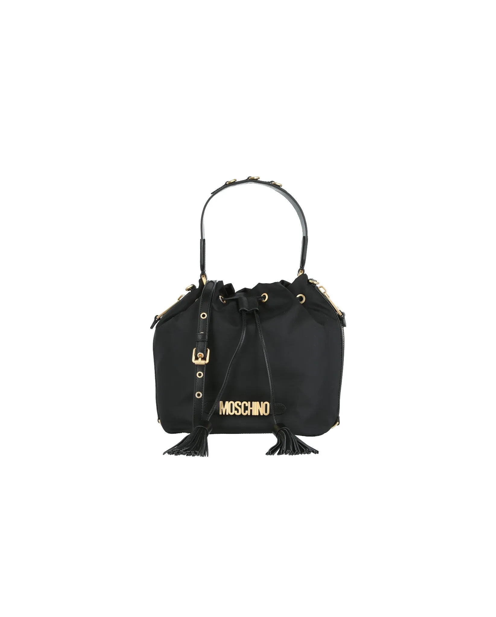 Moschino Logo Plaque Drawstring Bucket Bag