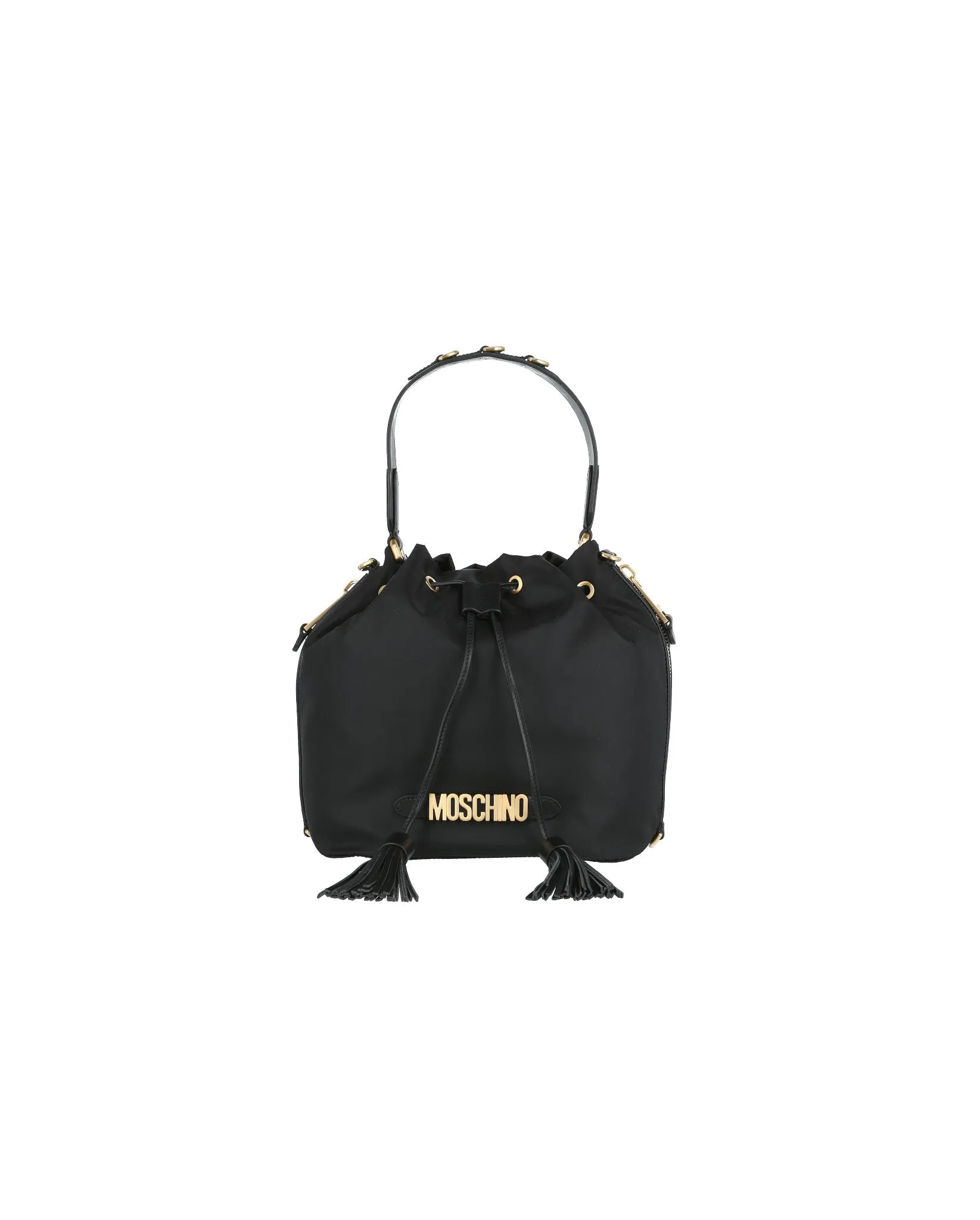 Moschino Logo Plaque Drawstring Bucket Bag