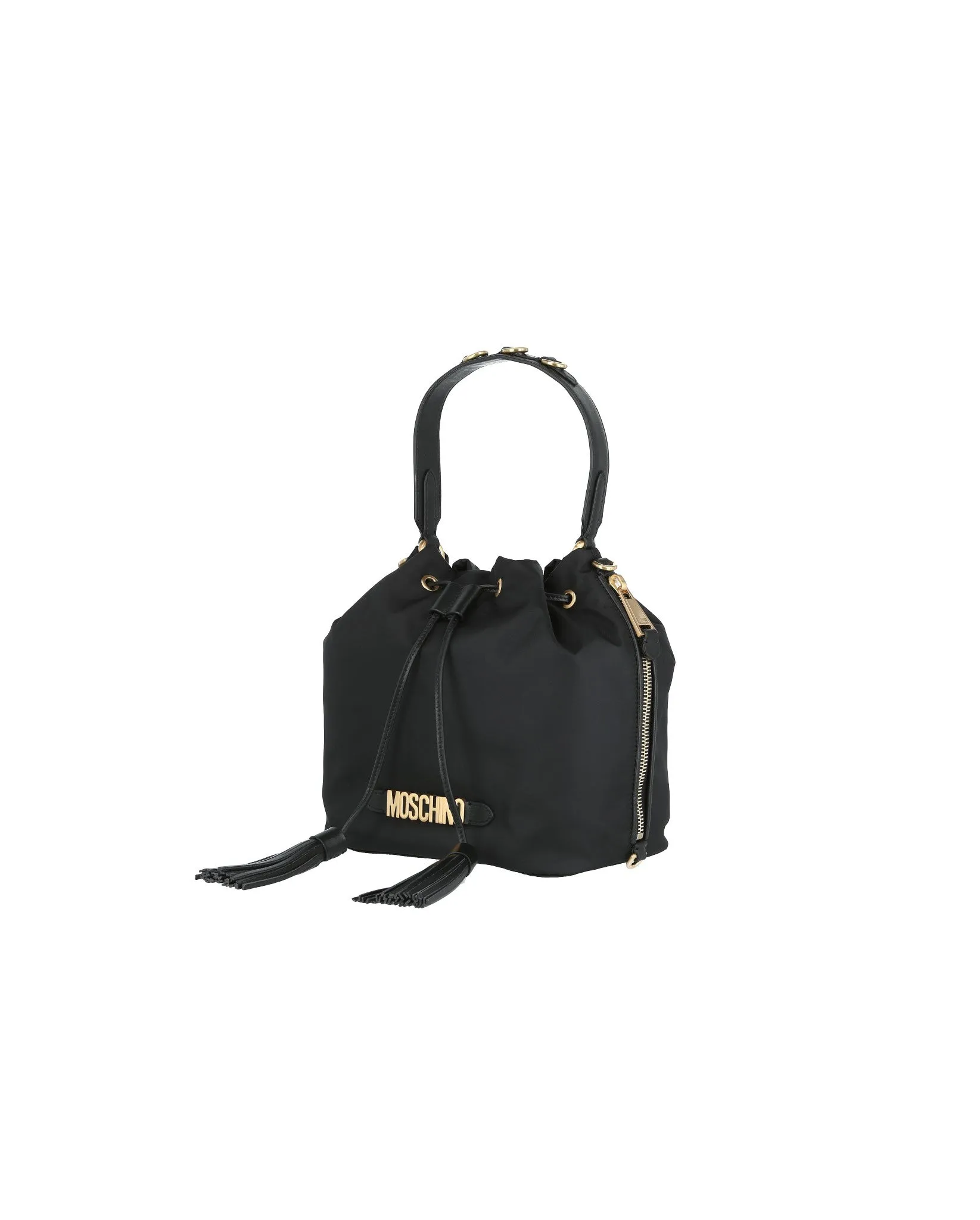 Moschino Logo Plaque Drawstring Bucket Bag
