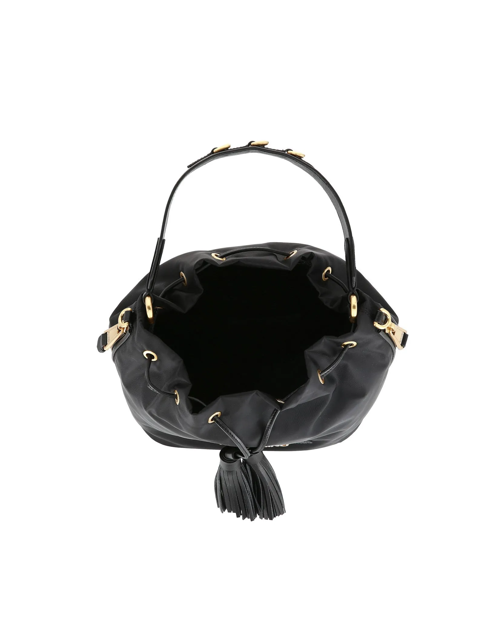 Moschino Logo Plaque Drawstring Bucket Bag