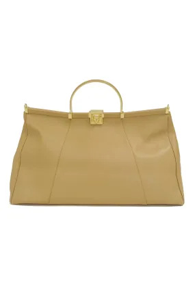 Oversized Barry Kieselstein - Cord Taupe Italian Leather Nefertiti Clasp Handbag