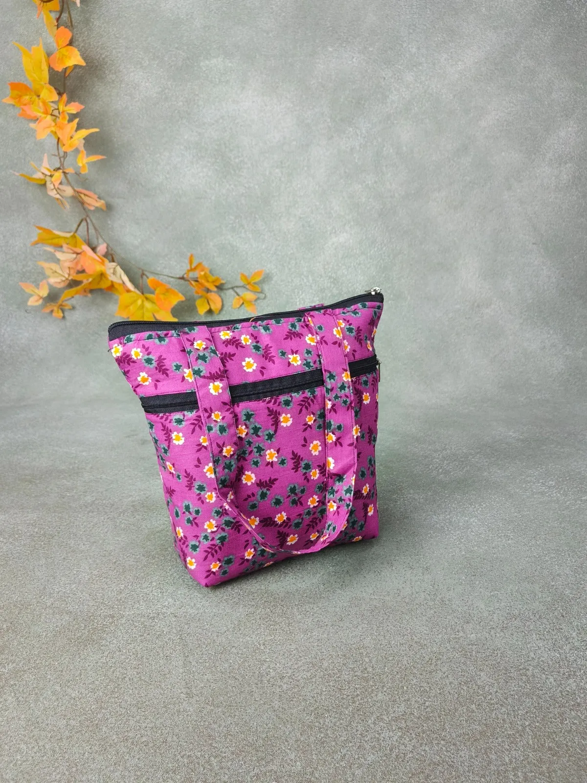 Small Handbag Pink with Grey Botanical Floral Prints