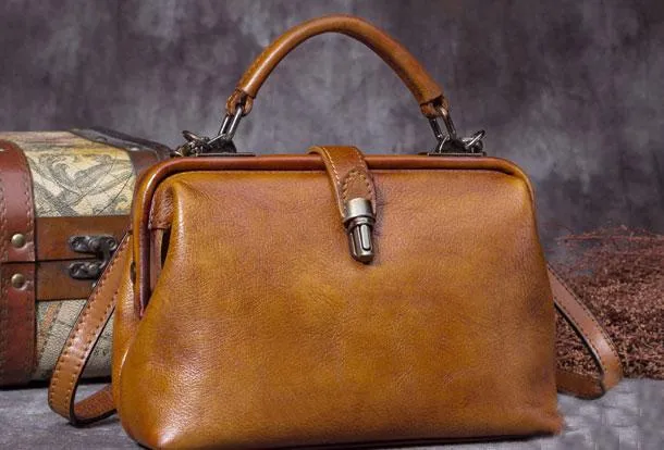 Small Vintage Leather Doctors Bag Satchel Purse For Women