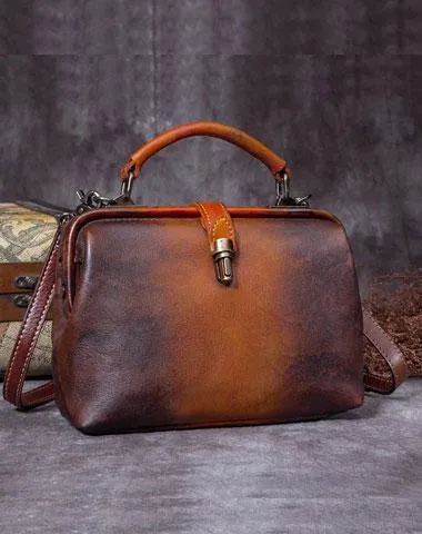 Small Vintage Leather Doctors Bag Satchel Purse For Women