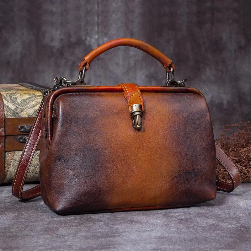 Small Vintage Leather Doctors Bag Satchel Purse For Women