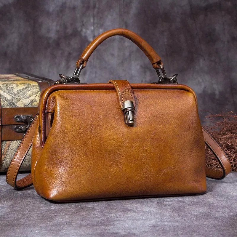 Small Vintage Leather Doctors Bag Satchel Purse For Women