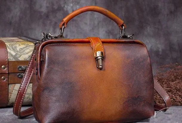 Small Vintage Leather Doctors Bag Satchel Purse For Women