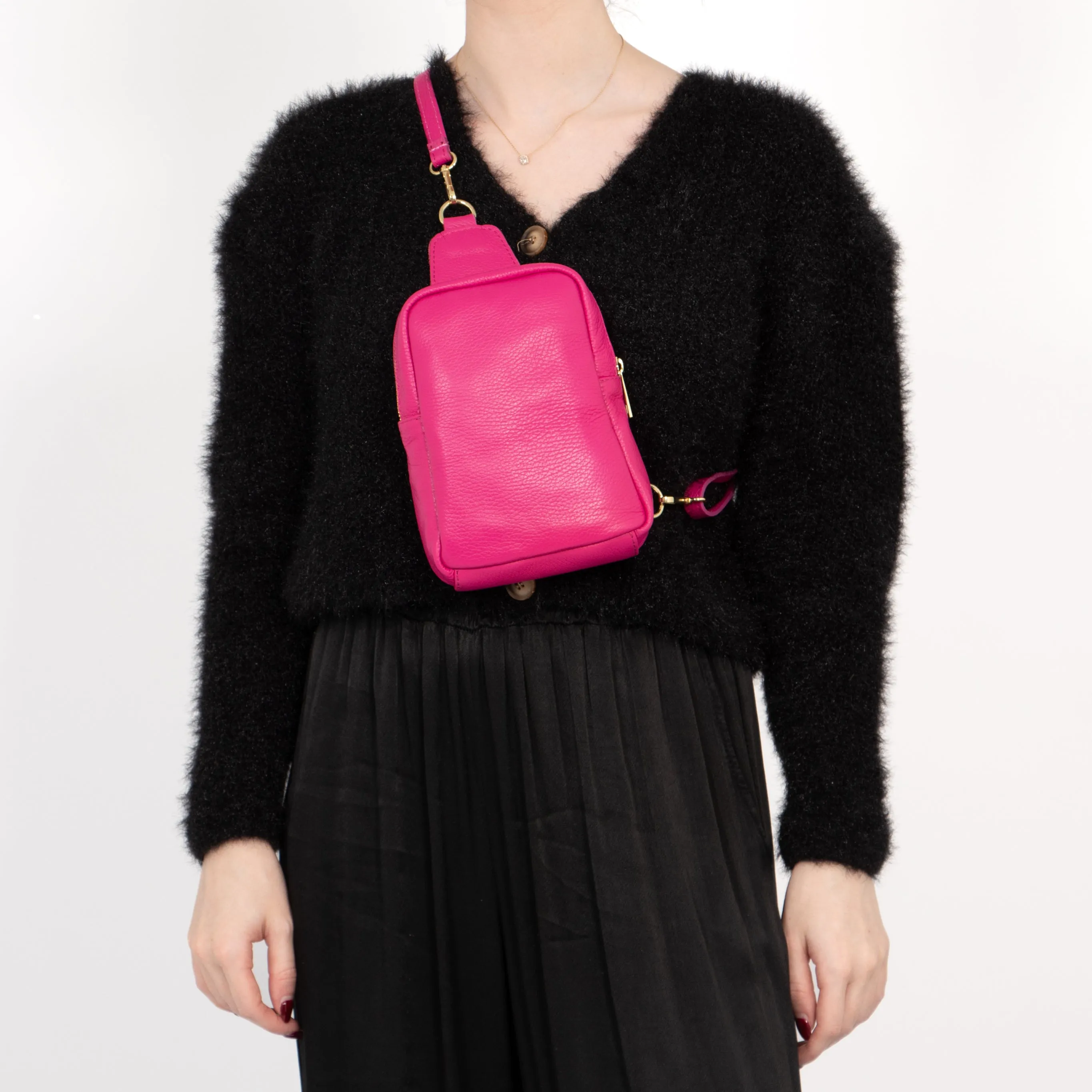 Tara - Italian Leather Sling Bag - Raspberry, Pebbled
