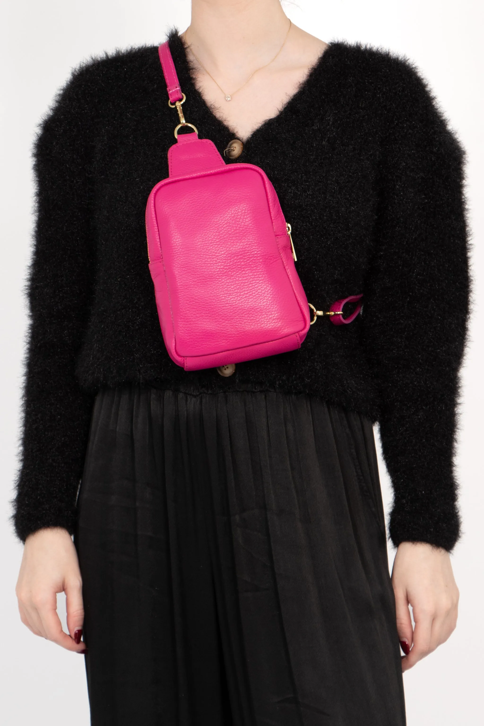 Tara - Italian Leather Sling Bag - Raspberry, Pebbled