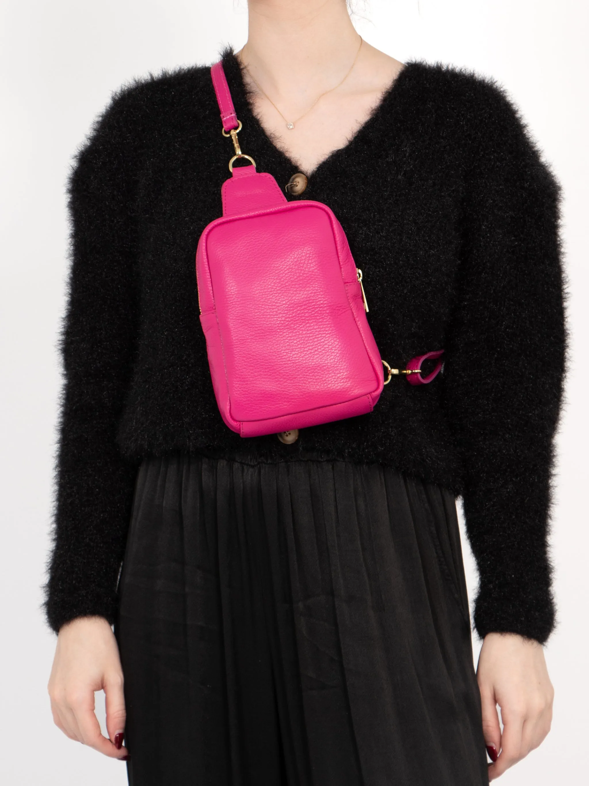 Tara - Italian Leather Sling Bag - Raspberry, Pebbled