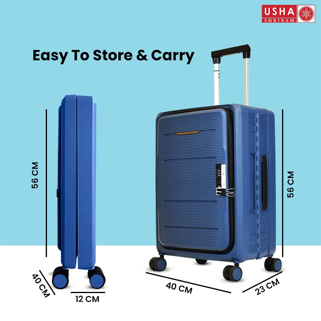 USHA SHRIRAM Cabin Bag (20 inch - 55cm) Collapsible Luggage Bag | Polypropylene Shell | Navy Blue | Suitcase for Travel | 360 Degree Wheel & Lock| Foldable Trolley Bag for Travel