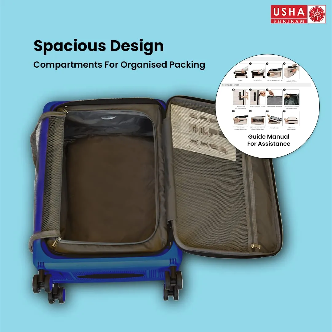USHA SHRIRAM Cabin Bag (20 inch - 55cm) Collapsible Luggage Bag | Polypropylene Shell | Navy Blue | Suitcase for Travel | 360 Degree Wheel & Lock| Foldable Trolley Bag for Travel