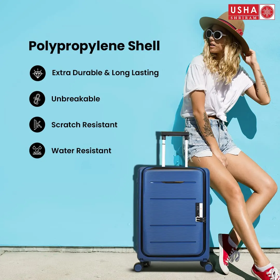 USHA SHRIRAM Cabin Bag (20 inch - 55cm) Collapsible Luggage Bag | Polypropylene Shell | Navy Blue | Suitcase for Travel | 360 Degree Wheel & Lock| Foldable Trolley Bag for Travel